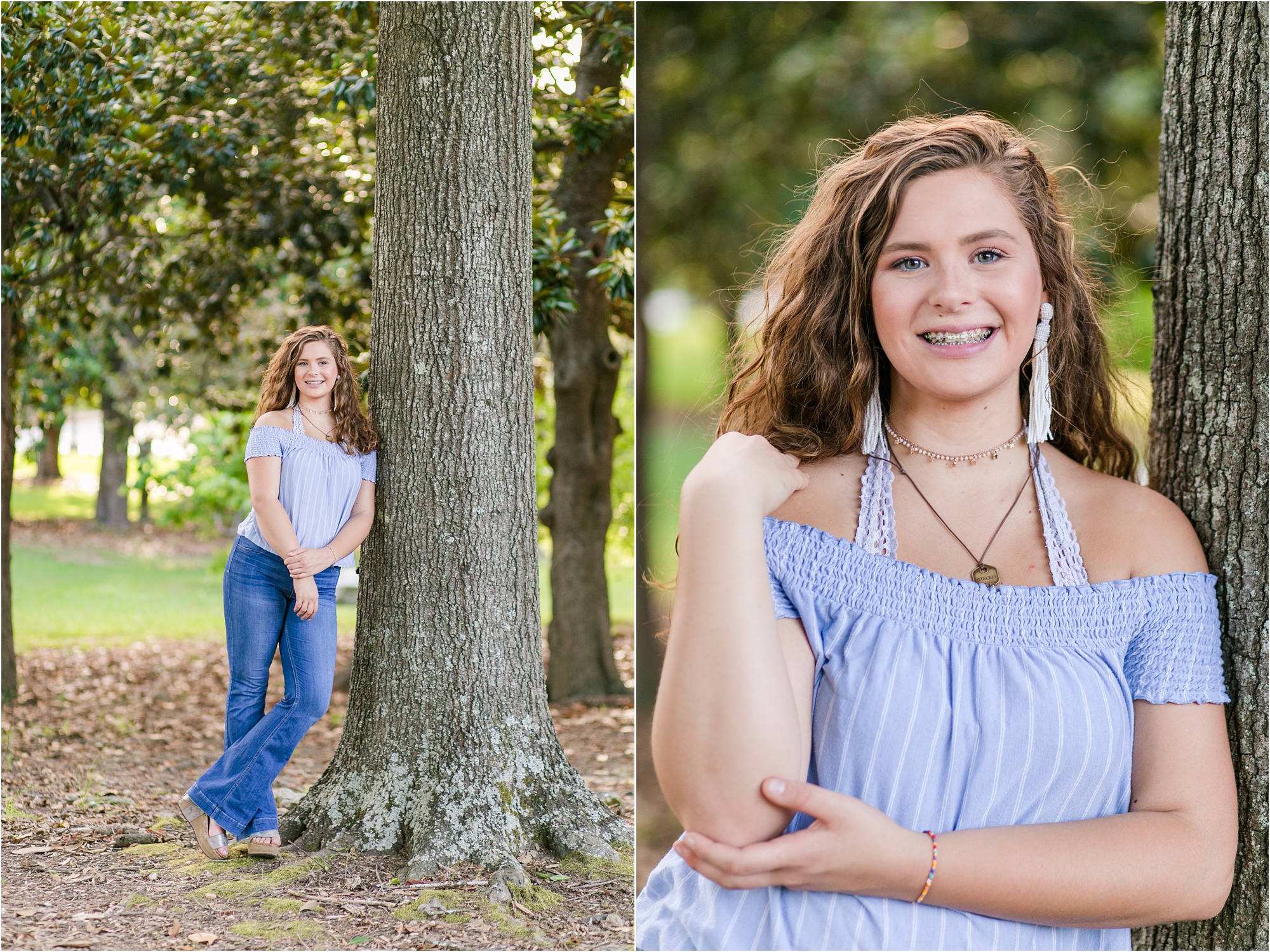 macon georgia class of 2020 senior in blue shirt and jeans posing on a tree