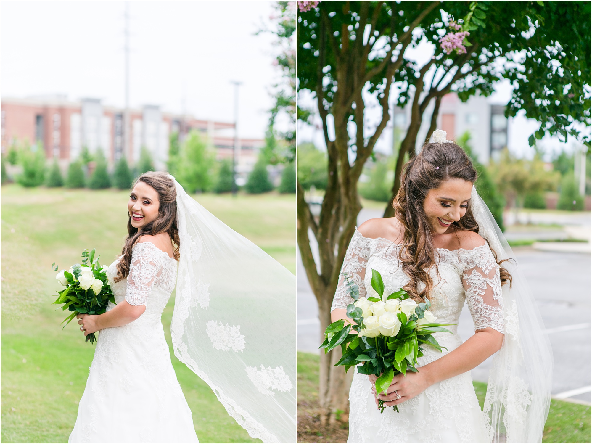 lace wedding dress and veil catches wind macon weddings