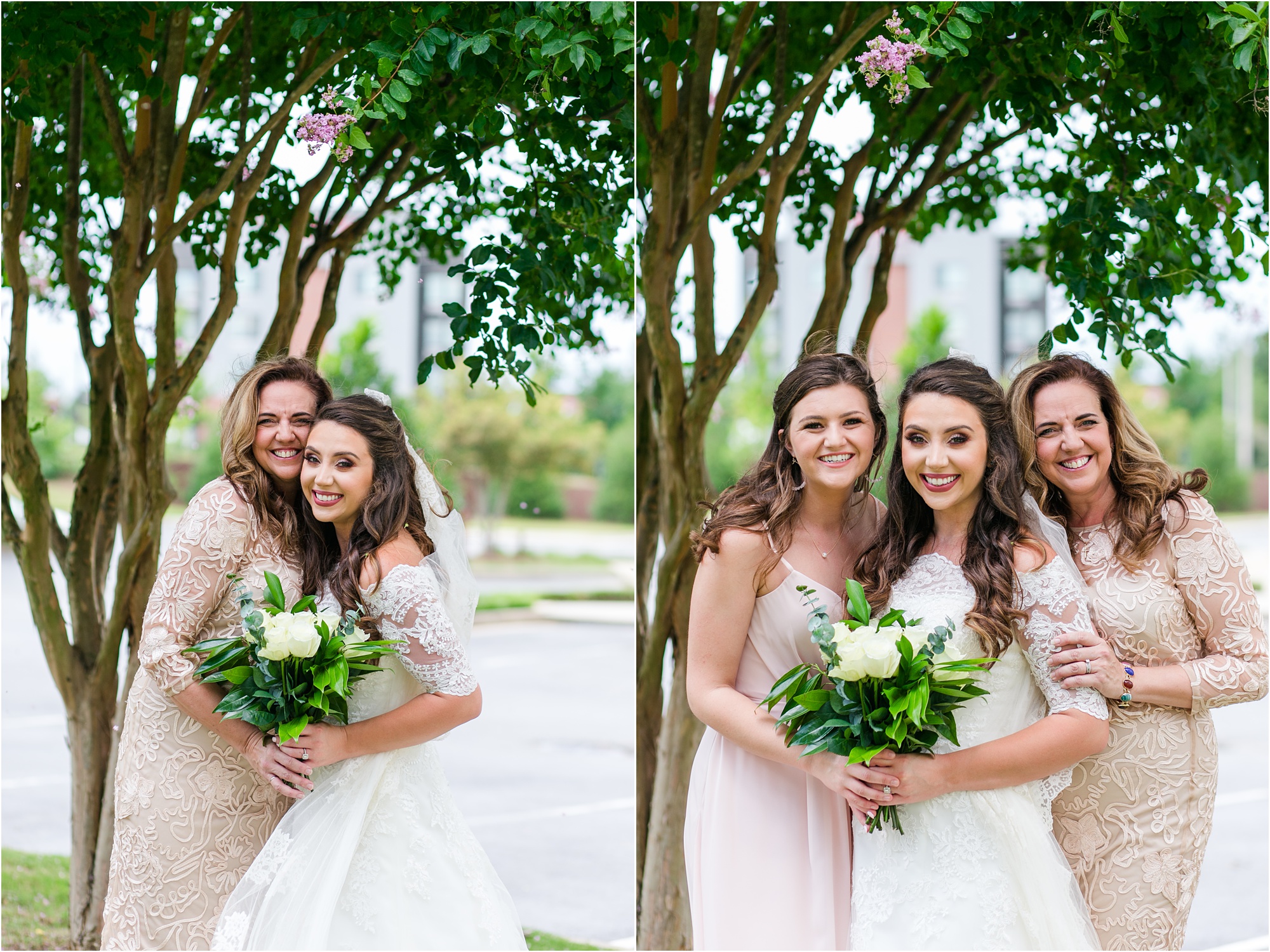 pink and blush bridesmaids laughing dresses and lace bridal gown macon wedding