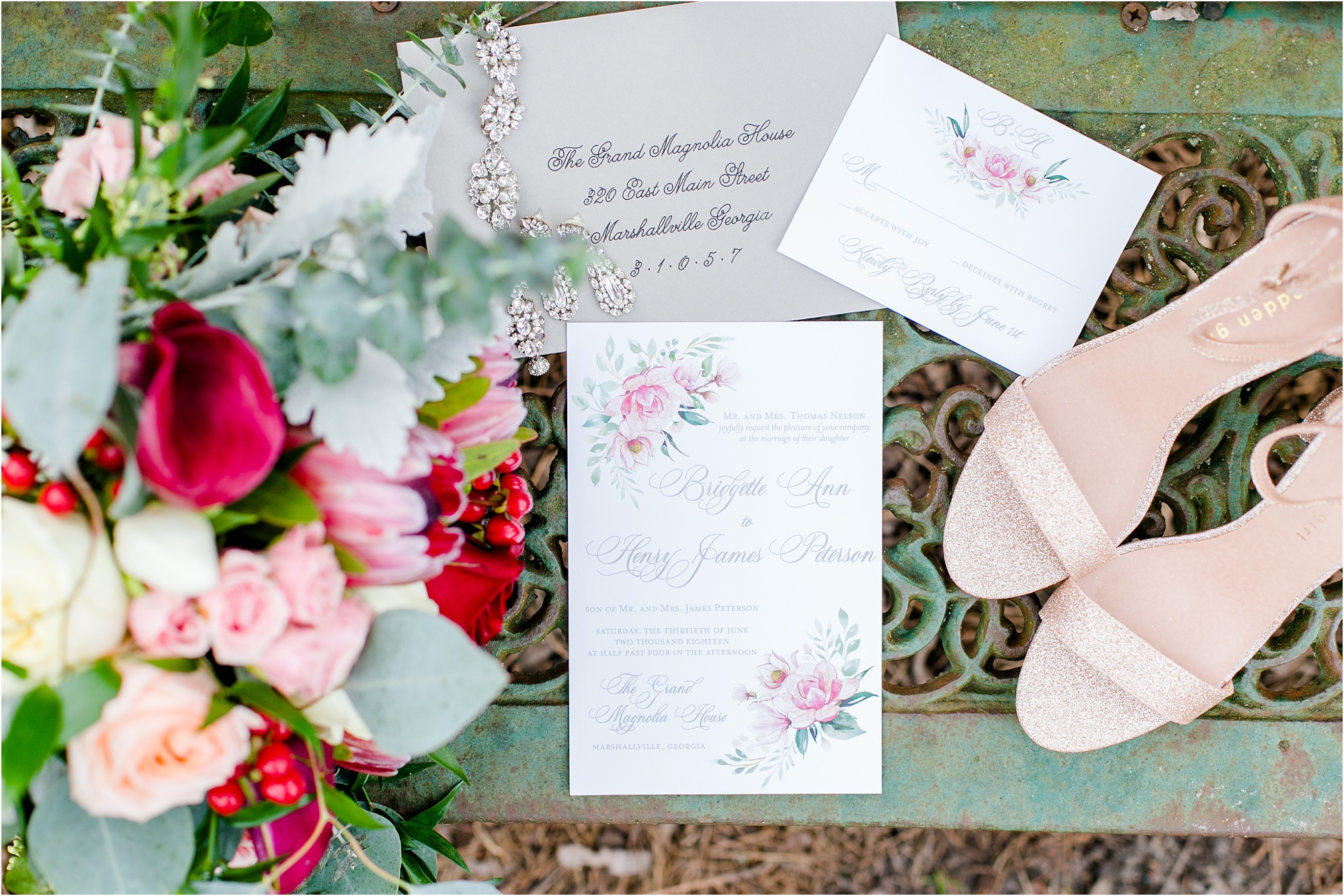 macon ga wedding red and pink floral bouquet with white and pink invitation suite and nude glitter shoes