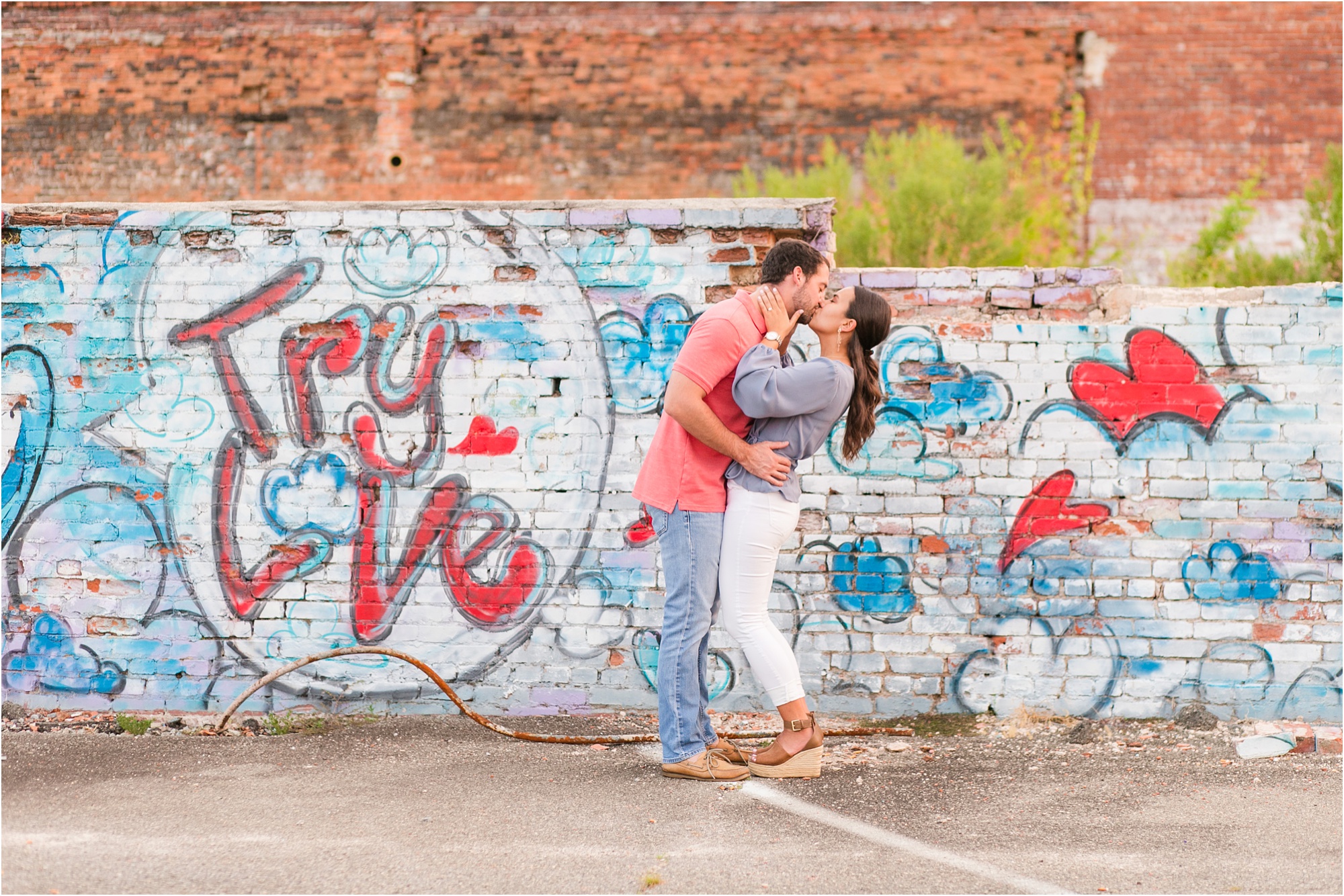 engagement pictures downtown macon brick wall try love