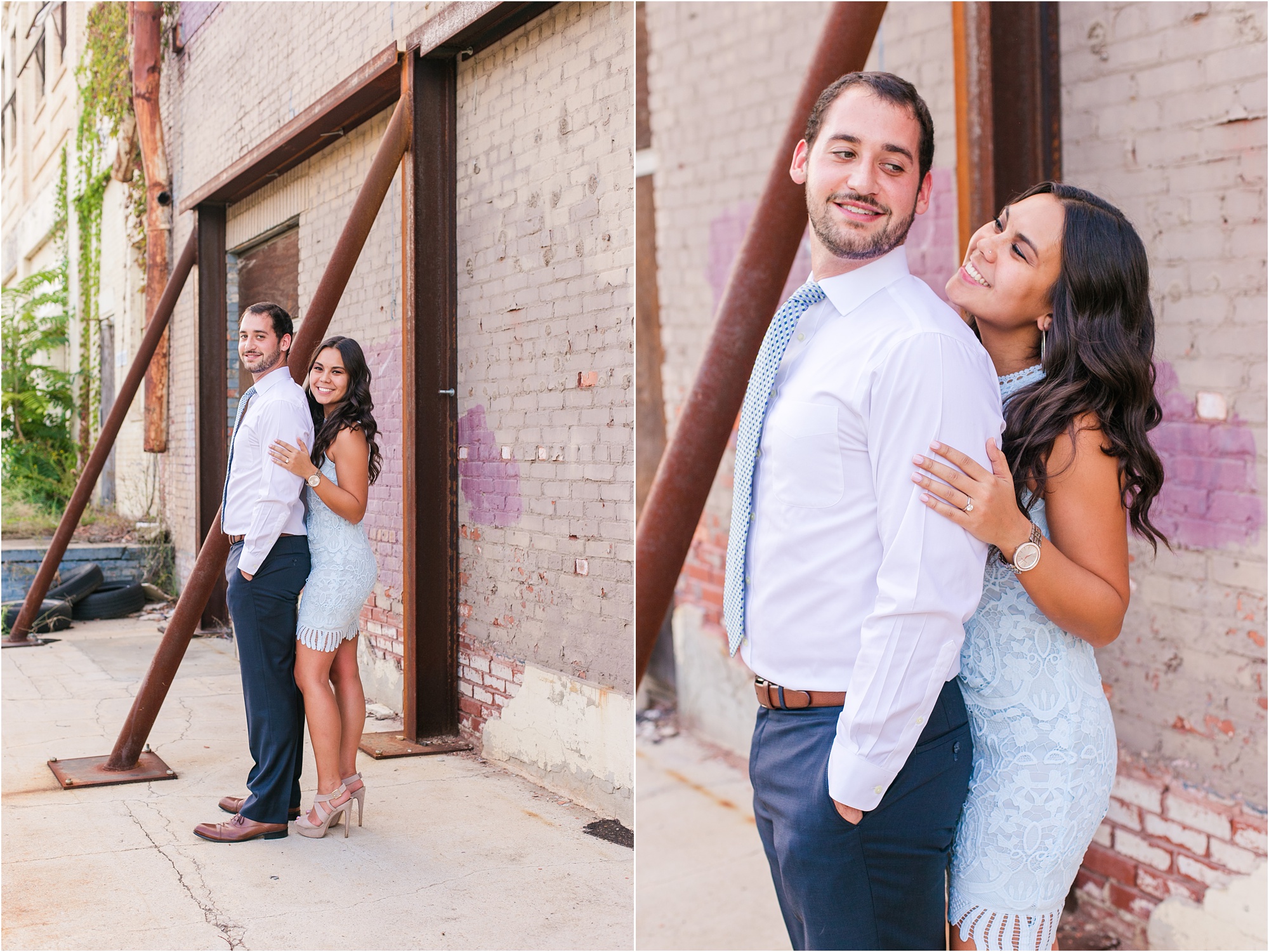 downtown macon georgia engagement llight blue dress and blue suit warehouse loading dock