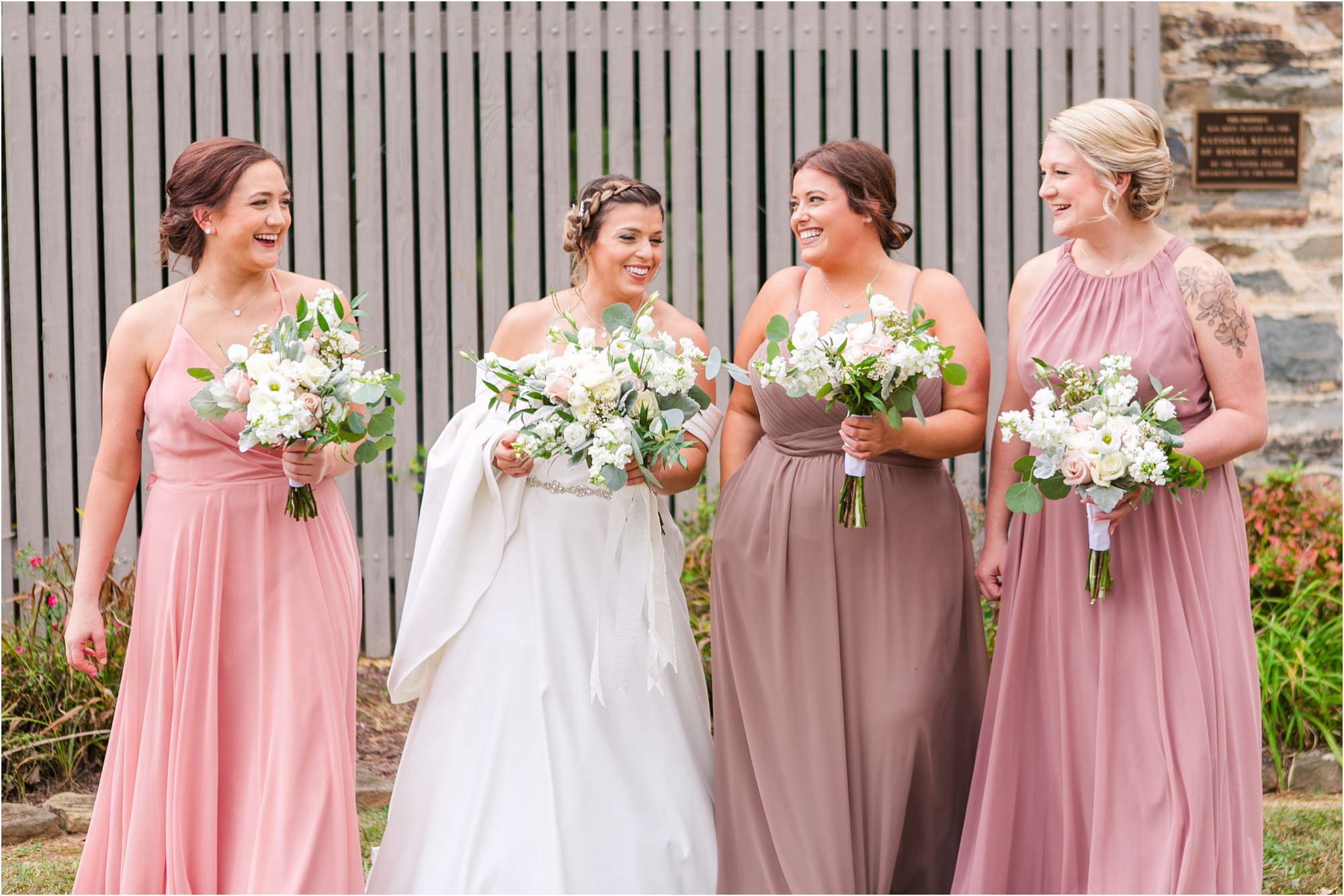 rock barn canton ga macon ga wedding photographer bride bridesmaids taupe mauve white florals eucalyptus