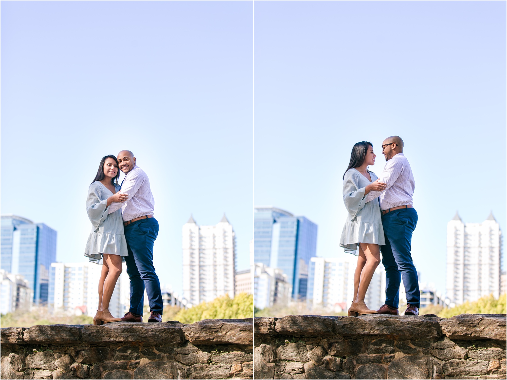 piedmont park engagement session macon wedding photographer blue dress atlanta skyline