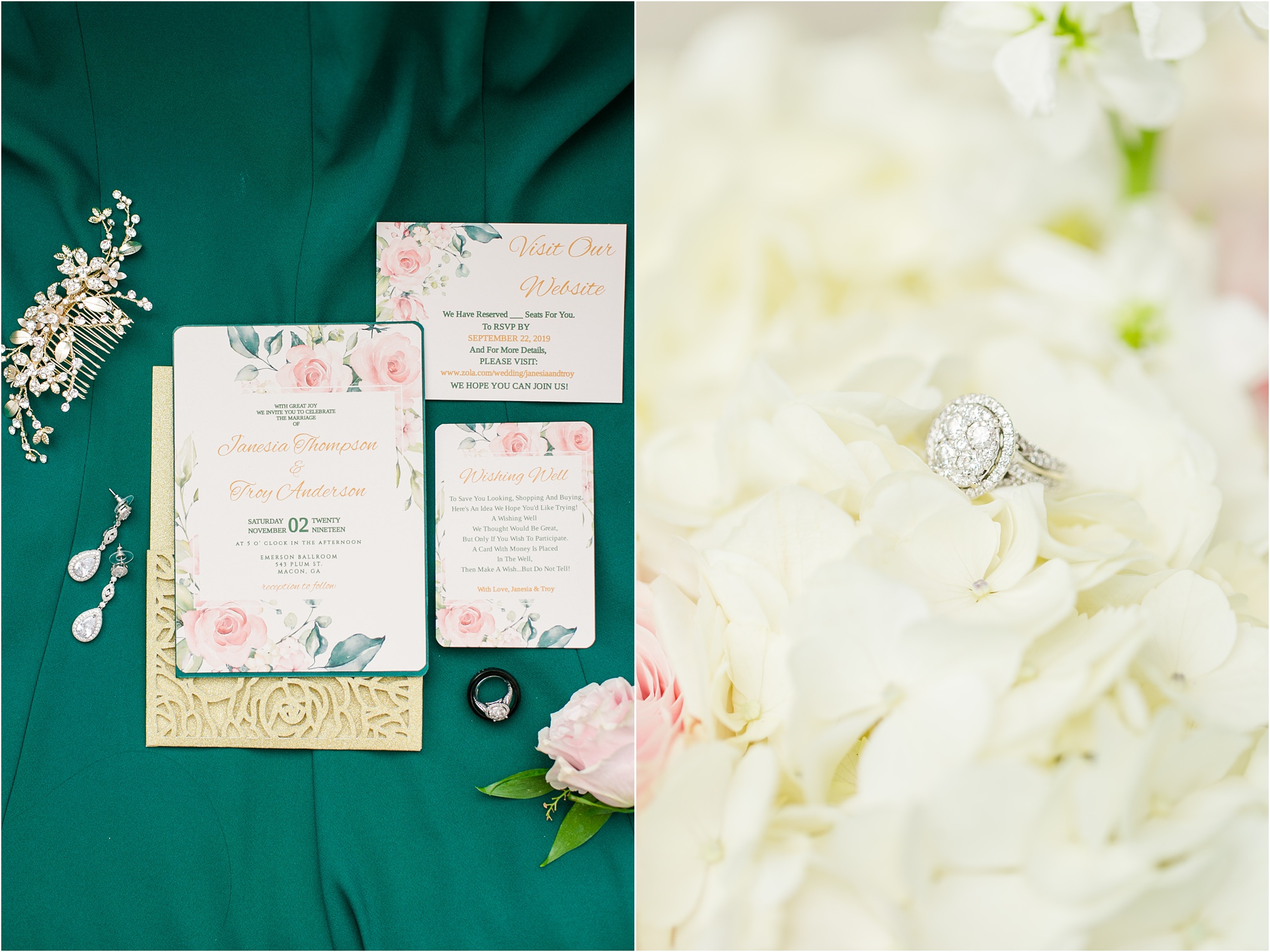 macon georgia wedding photographer gold emerald details