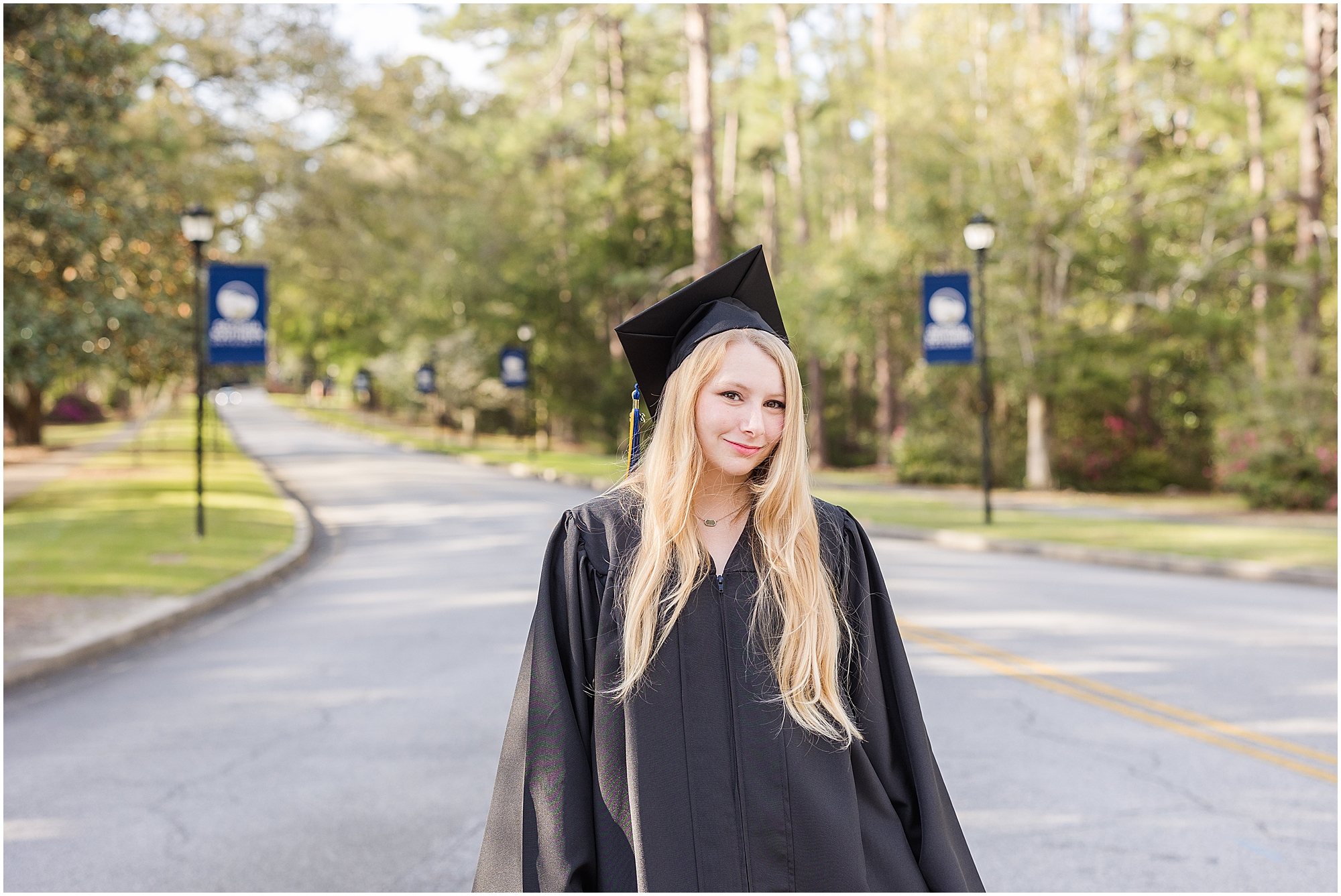 georgia southern university senior session blonde black dress graduation cap